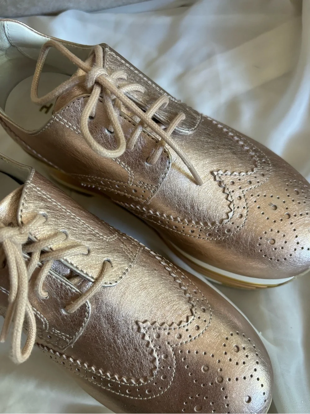 Hogan Rose Gold Italian Leather Euro Platform Wingtip Oxford Lace Up Sneakers 4